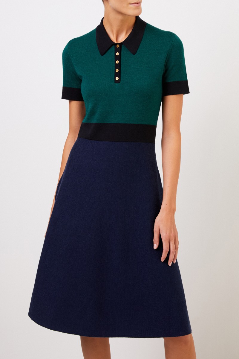 Tory Burch Woll-Strickkleid mit Kragen Blau/Grün