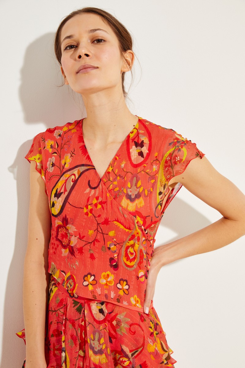 Kurzes Seiden-Kleid mit Rüschen Rot/Multi