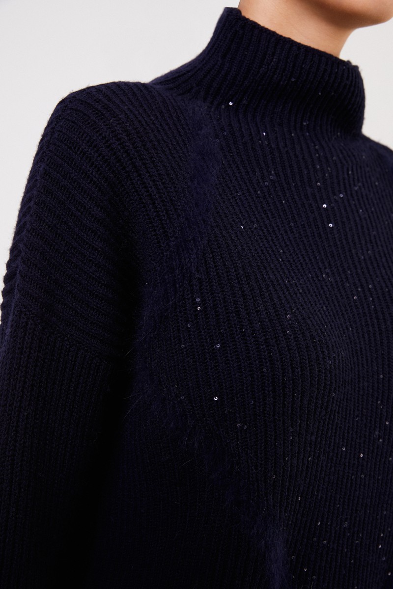 Woll-Pullover mit Pailletten Marineblau