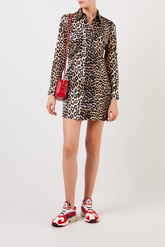 Ganni Seiden-Hemdblusenkleid mit Leoprint Multi