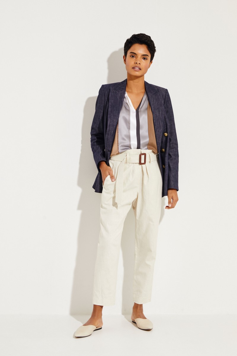 Leinen-Baumwoll-Hose mit Gürtel Beige