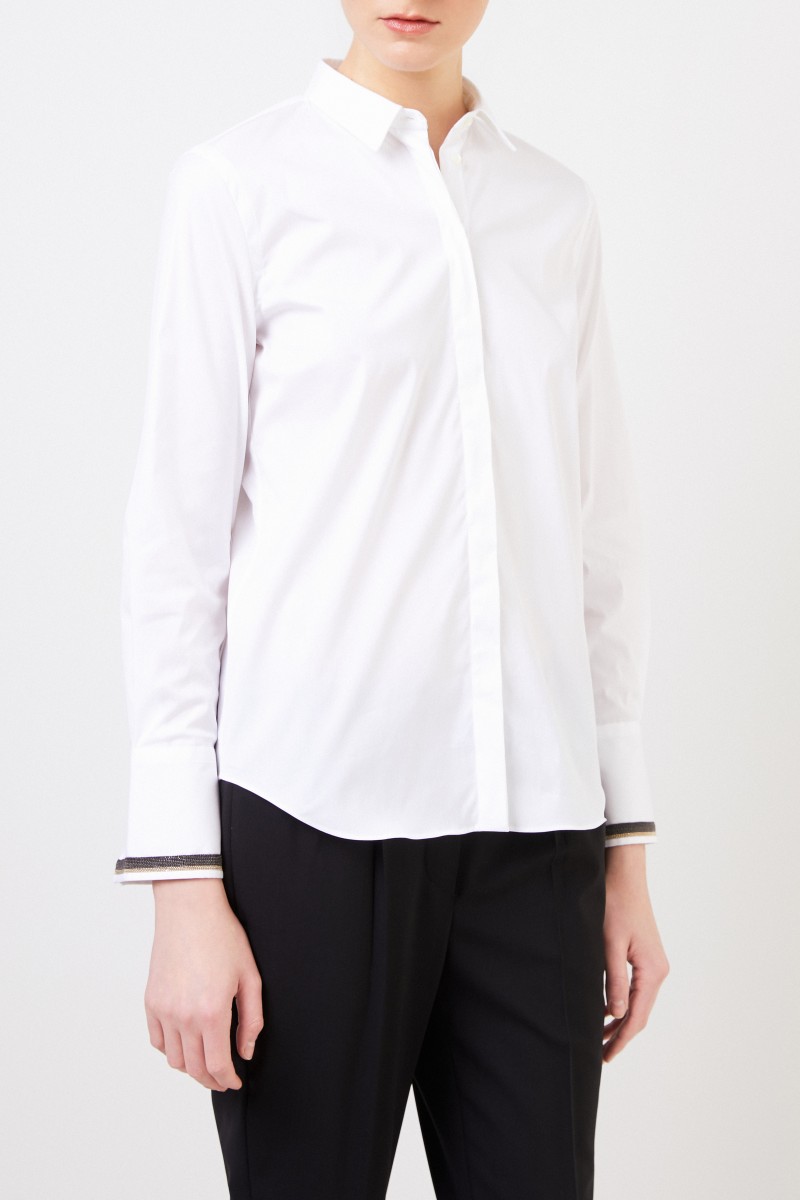 Baumwoll-Bluse mit Perlenverzierung Weiß