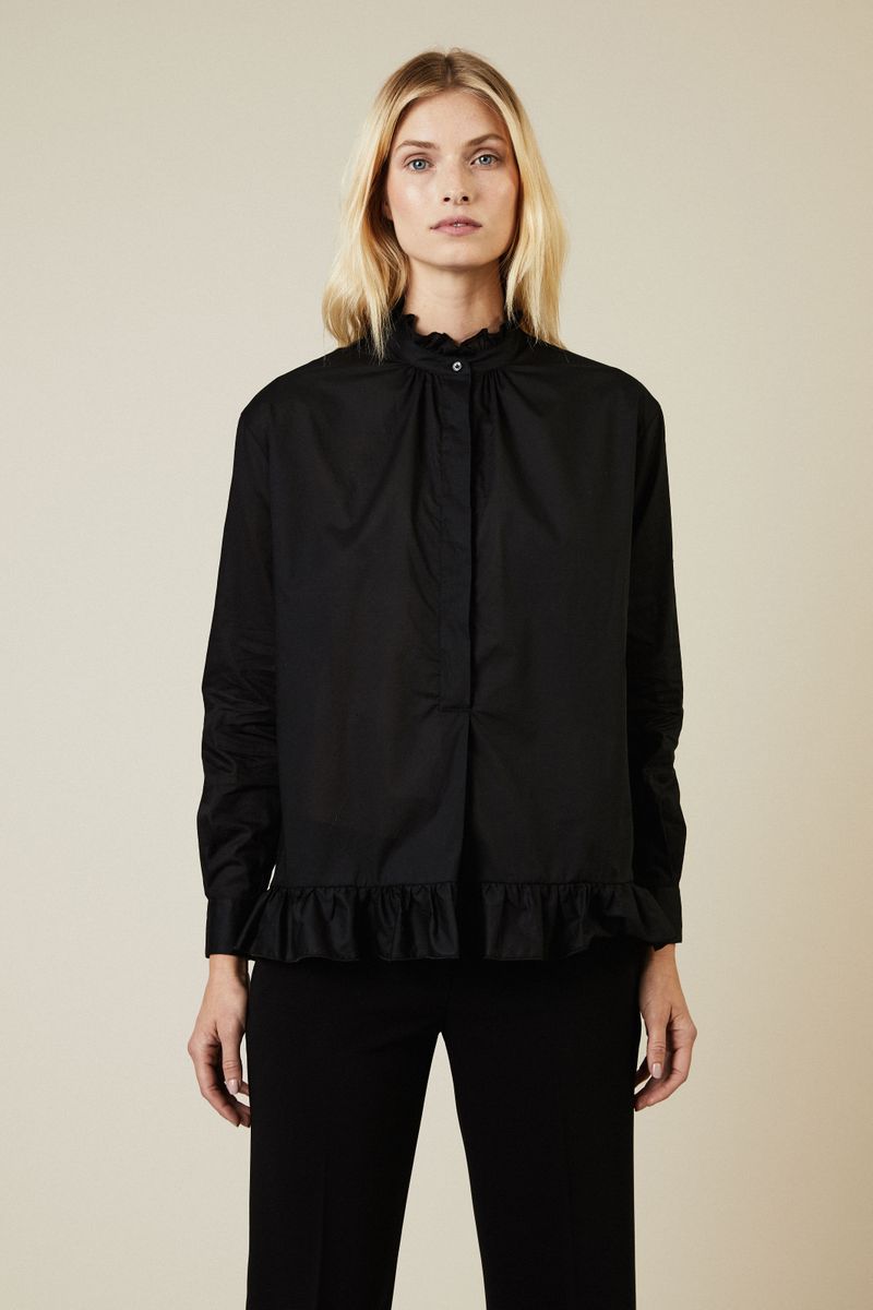 Baumwoll-Bluse mit Rüschendetails Schwarz