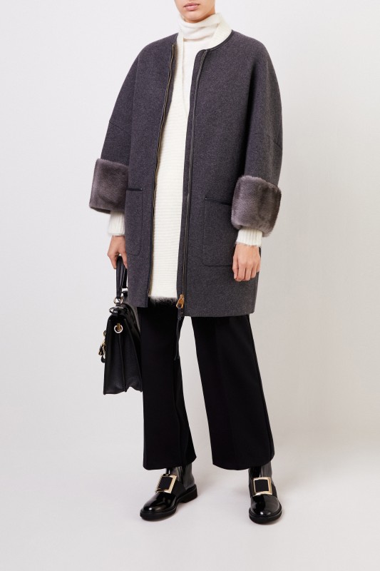 Cashmere-Mantel mit Nerzdetails Anthrazit