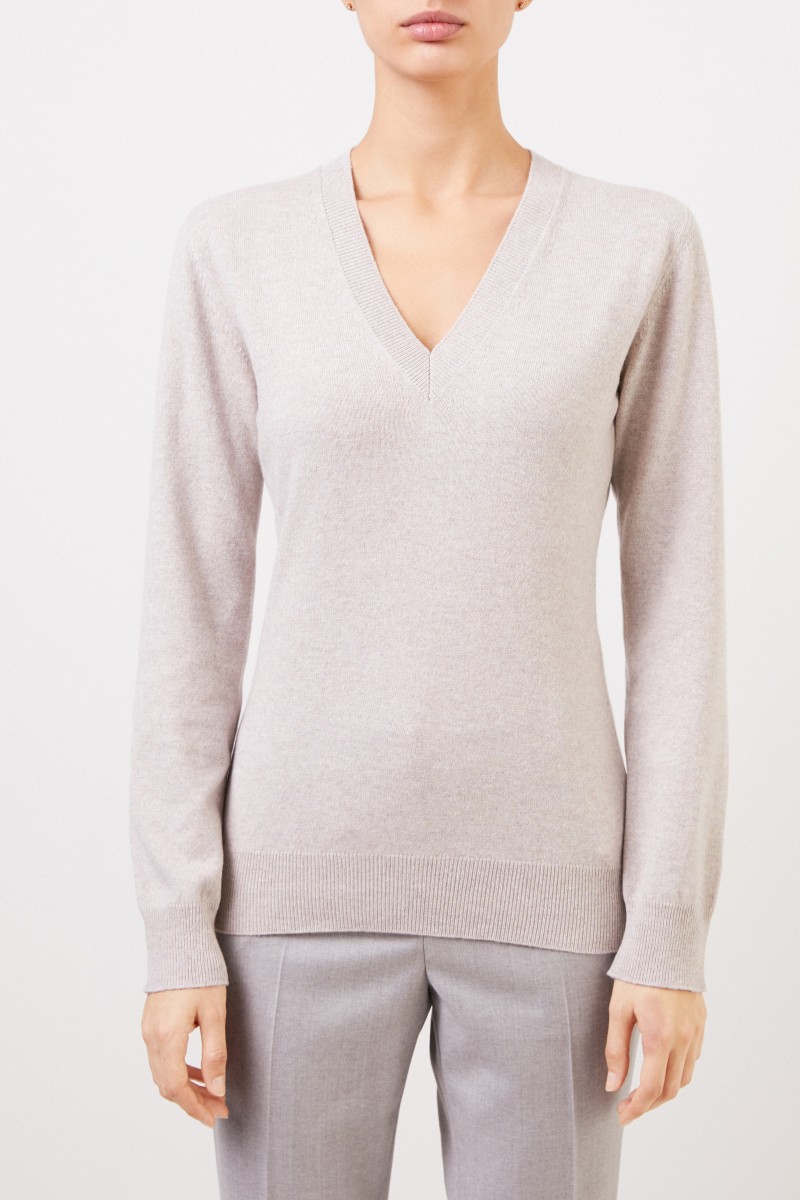 Woll-Seiden-Pullover mit Lurex-Detail Taupe Melange