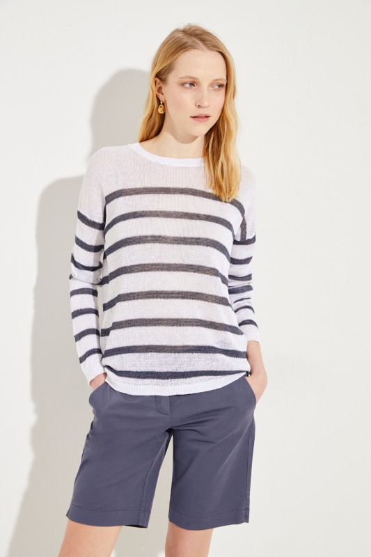 Gestreifter Leinen-Pullover 'Samantha' Weiß/Grau