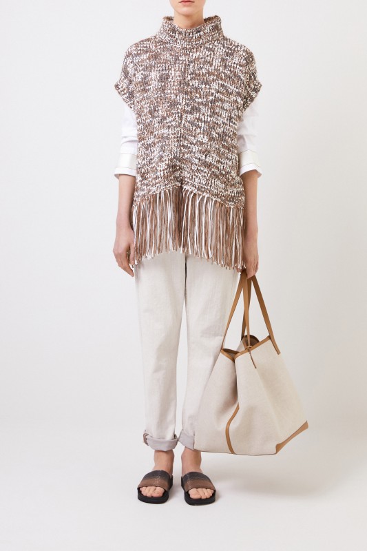 Brunello Cucinelli Poncho mit Fransendetails Braun/Multi
