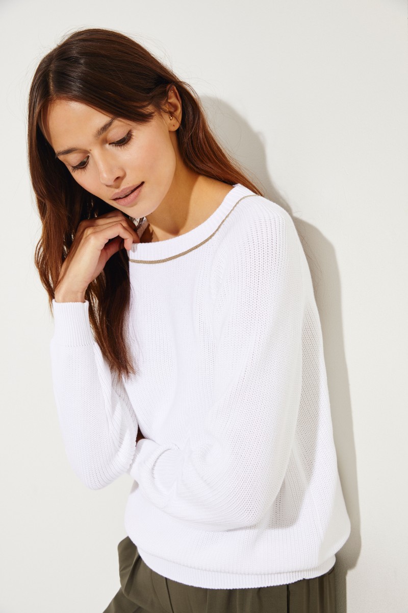 Baumwoll-Pullover mit Perlenverzierung Weiß