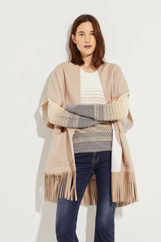 Cape mit Lederfransen-Details Beige