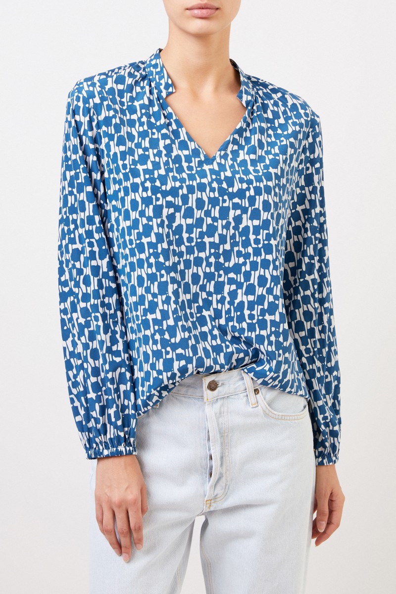 Steffen Schraut Seidenbluse mit Mustermix Blau/Weiß