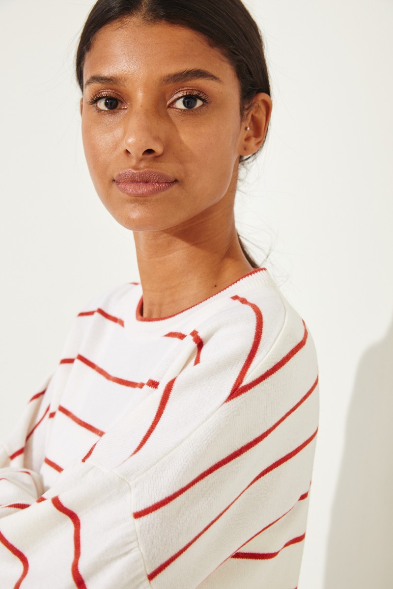 Gestreifter Woll-Cashmere-Pullover Weiß/Rot