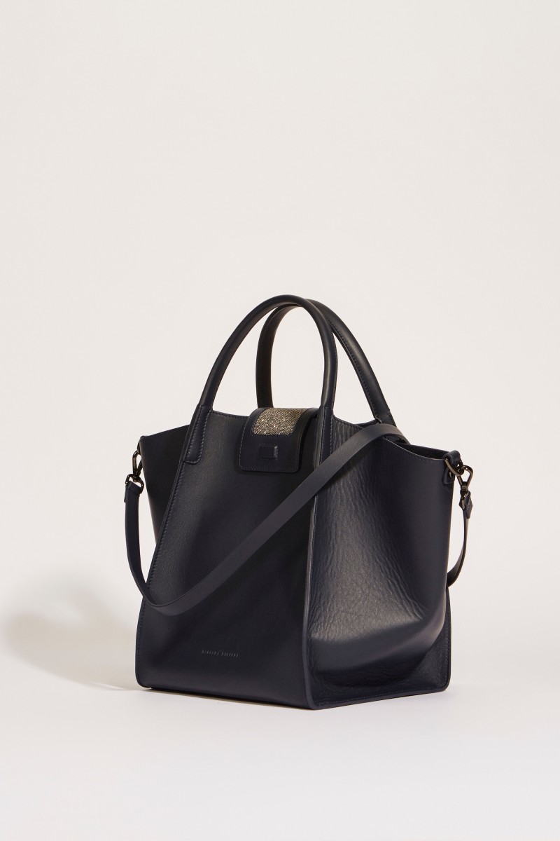 Leder-Tasche 'Viola' mit perlenverzierter Lasche Blau