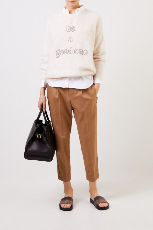 Brunello Cucinelli Woll-Pullover mit Schriftzug Crème