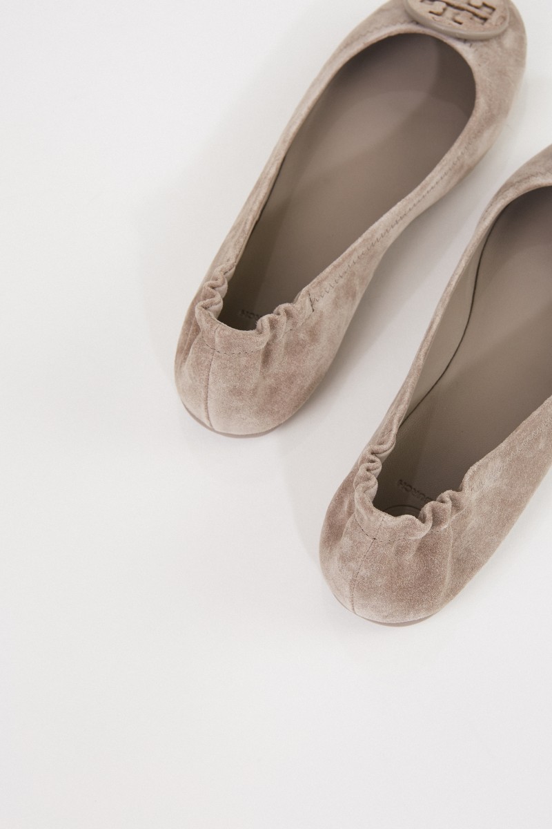 Tory Burch Leder-Ballerina 'Minnie Travel Ballet' Grau