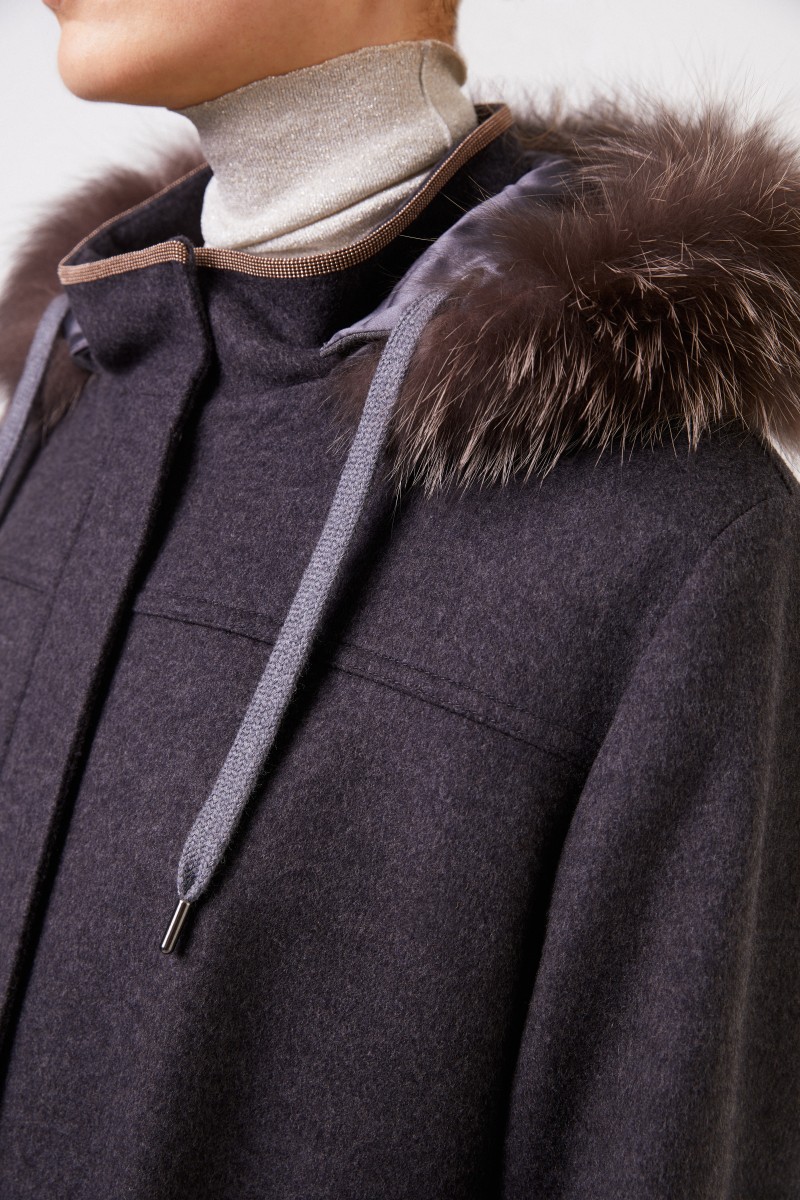 Brunello Cucinelli Woll-Cashmere-Parka mit Pelzkragen Anthrazit