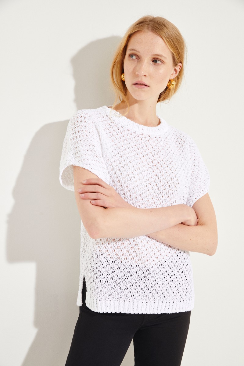 Baumwoll-Leinen-Pullover mit Pailletten Weiß