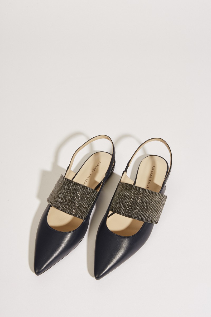Leder-Flat mit Perlenverzierung Blau