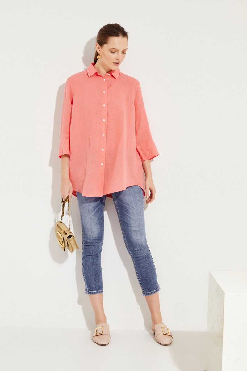 Leinen-Bluse mit verkürzten Ärmeln Orange