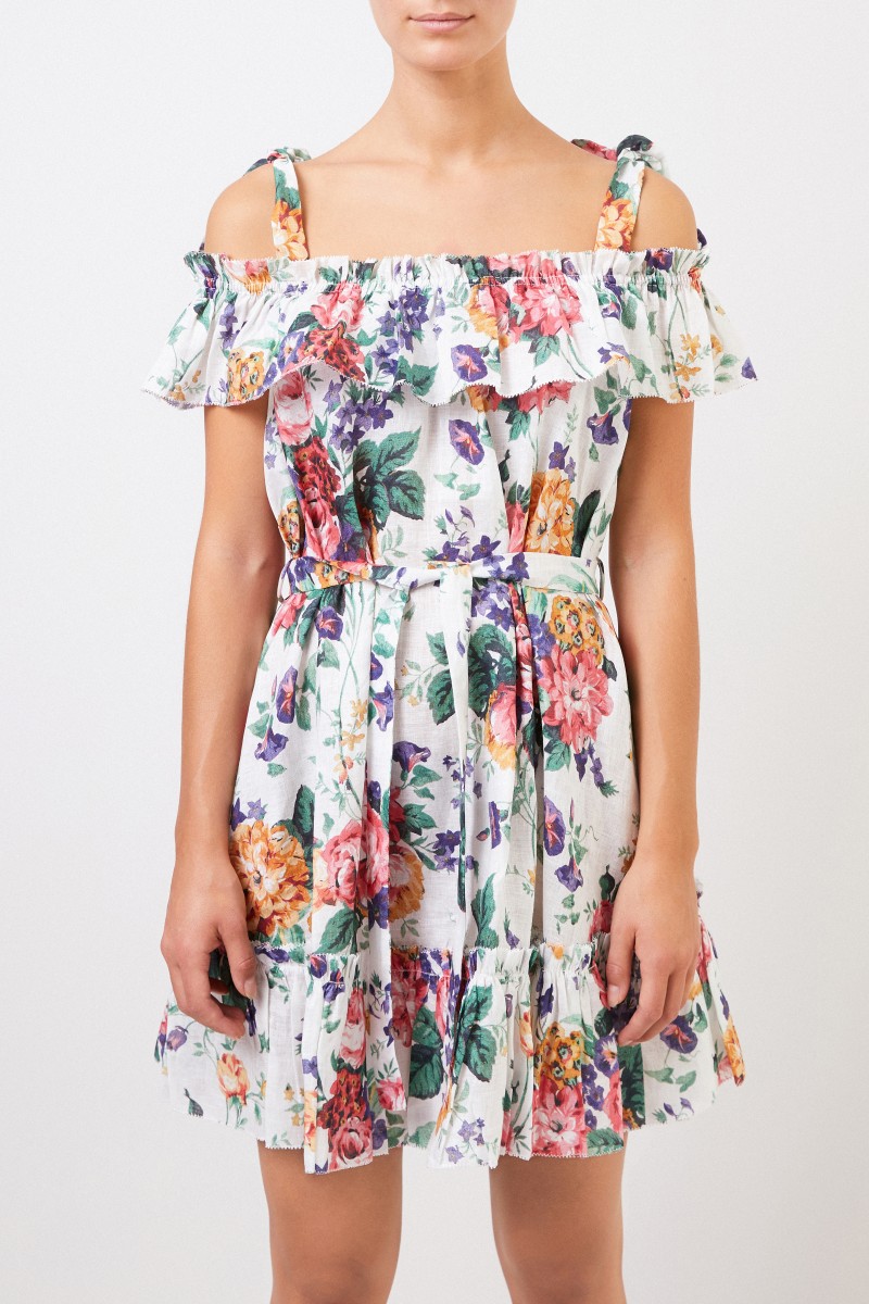 Zimmermann Leinen-Kleid mit floralem Print Weiß/Multi