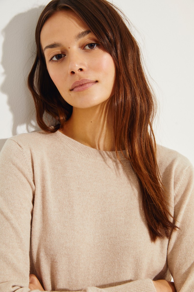 Cashmere-Rundhalspullover Beige