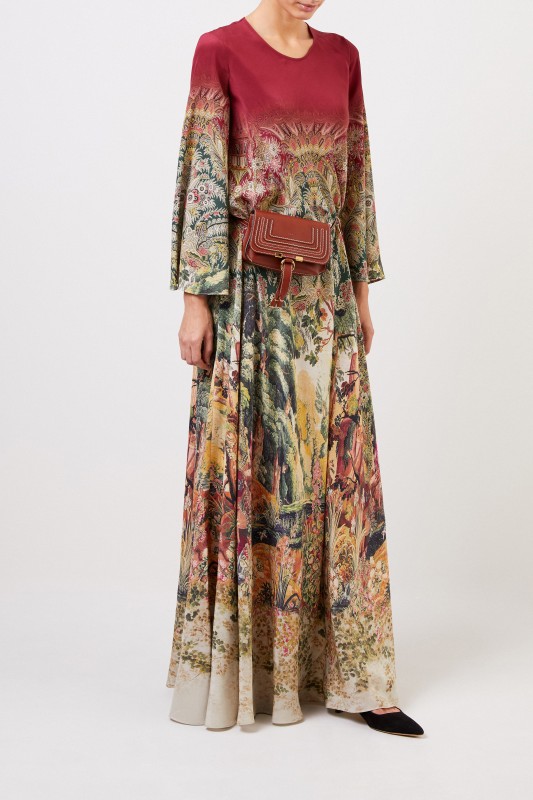 Langes Seidenkleid mit Print Multi