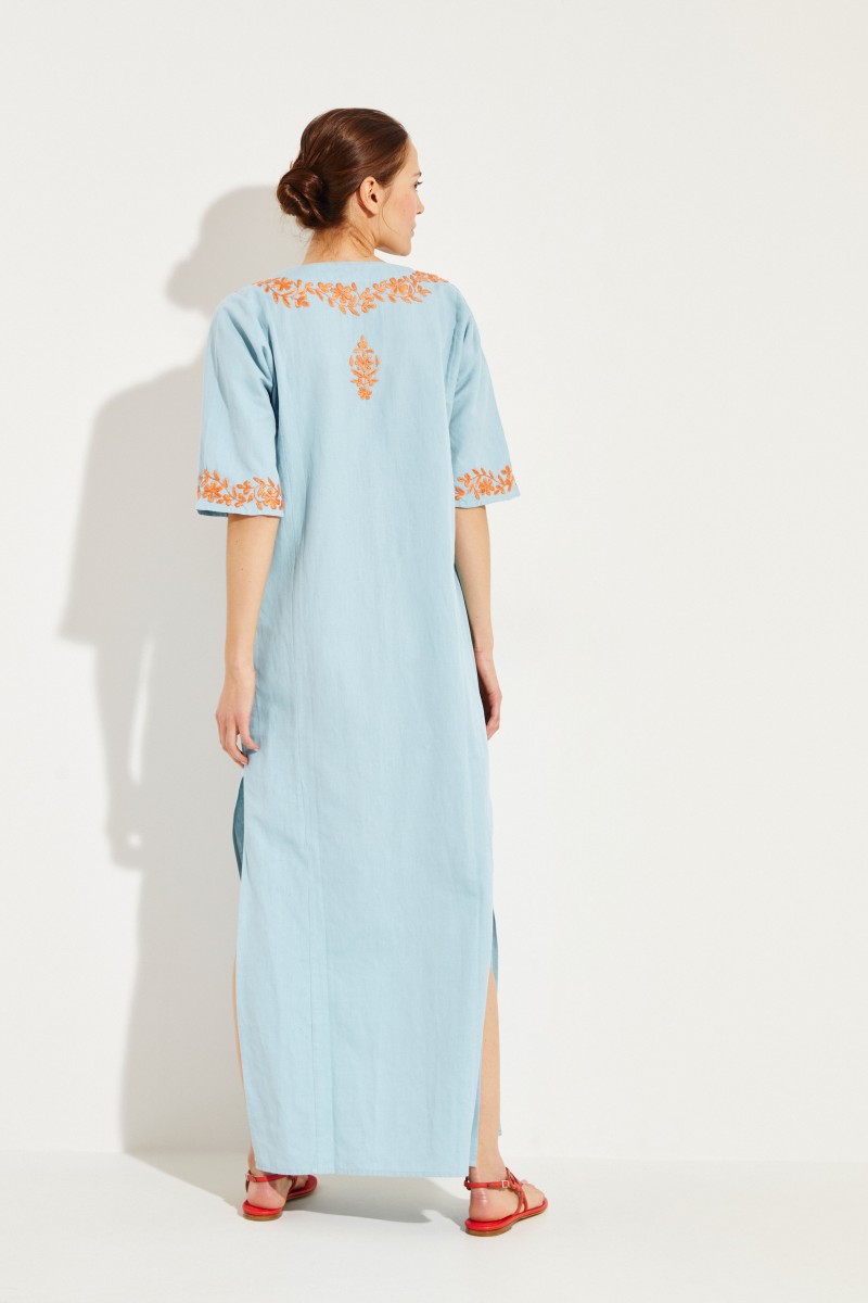 Baumwoll-Leinen-Kaftan mit Stickerei Blau