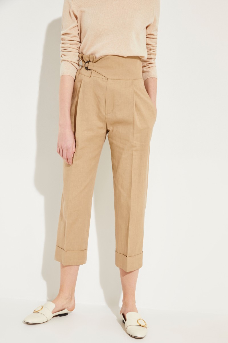 Baumwoll-Leinen-Hose mit Bindedetail Beige