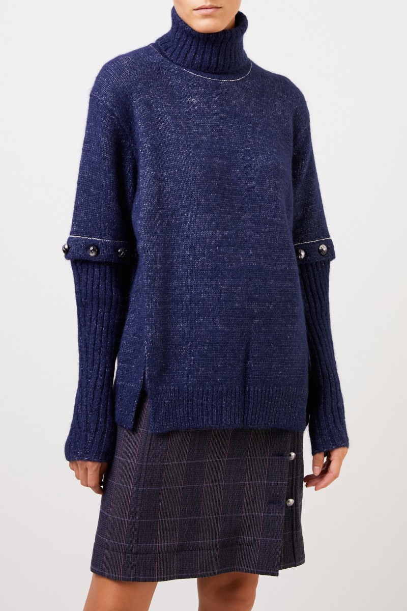 Chloé Alpaka-Seiden-Pullover mit geknöpften Ärmeln Marineblau