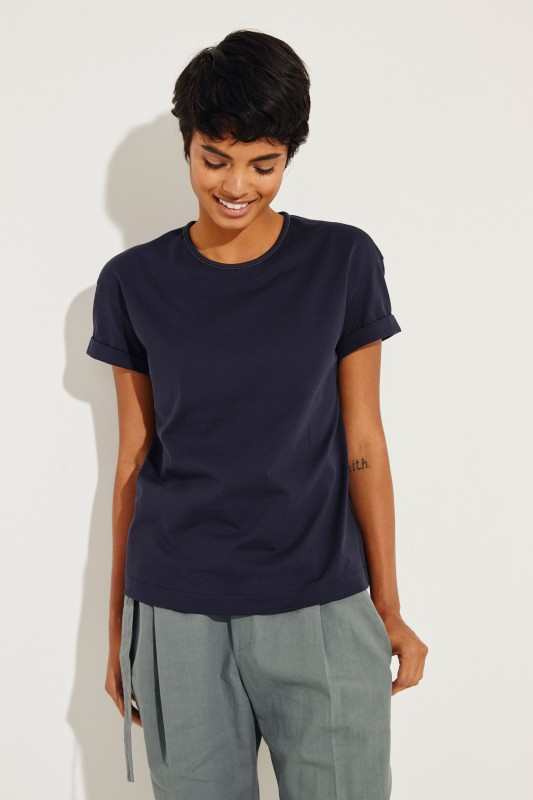 T-Shirt mit Perlenverzierung Marineblau