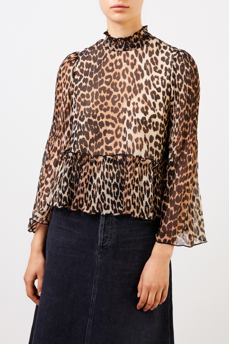 Ganni Bluse mit Leoprint und Plissee-Details Multi