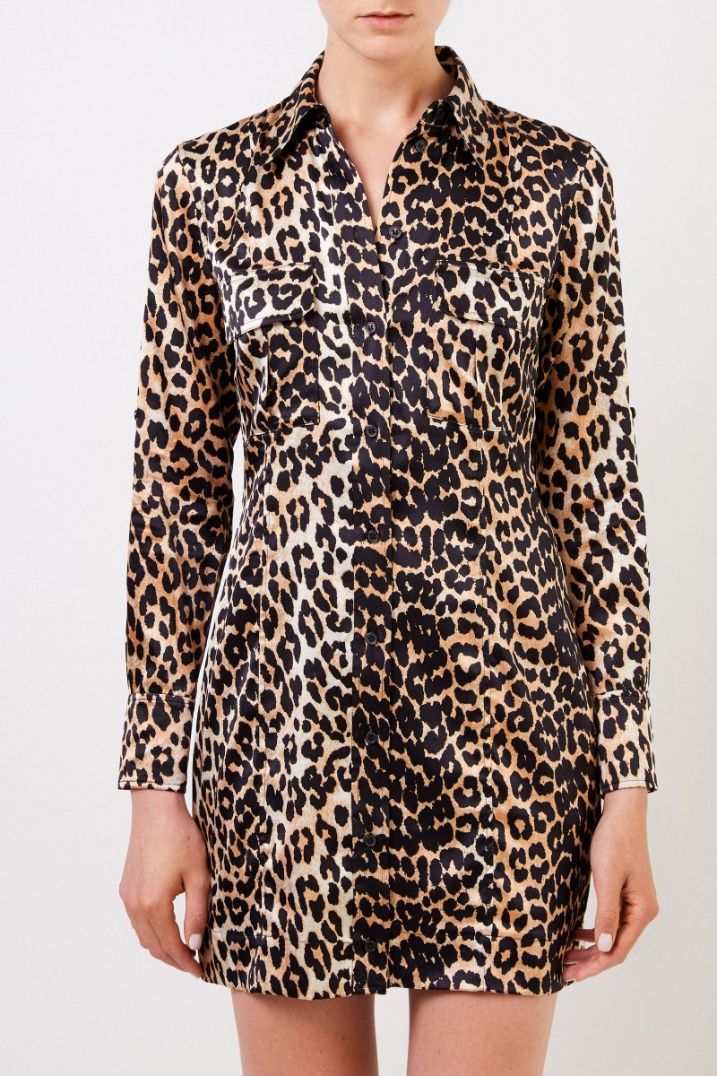 Ganni Seiden-Hemdblusenkleid mit Leoprint Multi