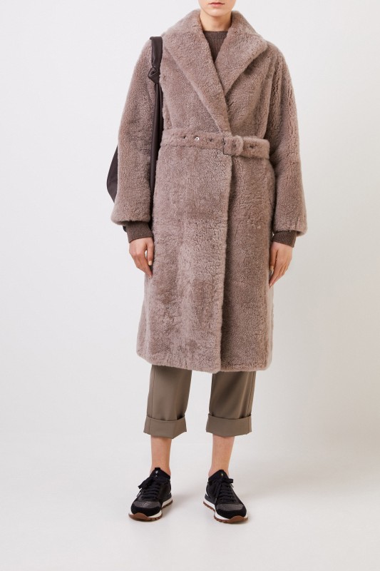 Cashmere-Pelz-Mantel mit Gürtel Braun