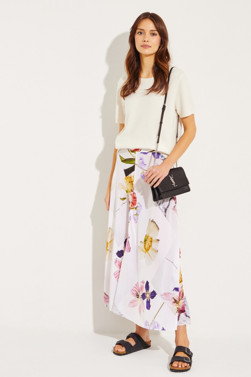 Seiden-Rock mit floralem Print Weiß/Multi
