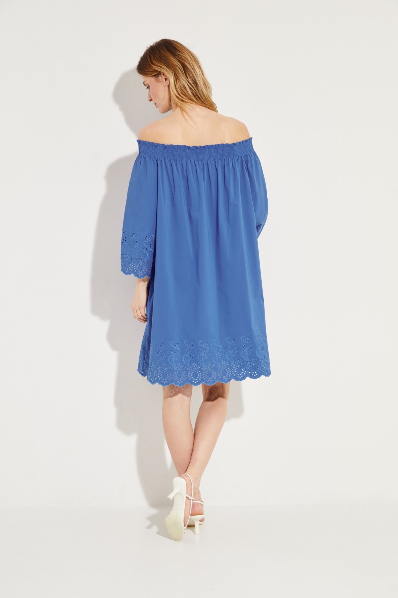 Off-Shoulder Kleid mit Stickerei Blau