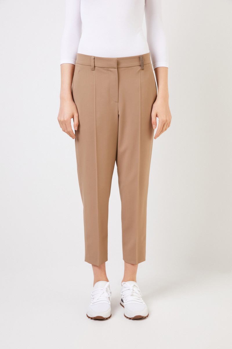 Brunello Cucinelli Klassische Woll-Hose mit Perlenverzierung Beige
