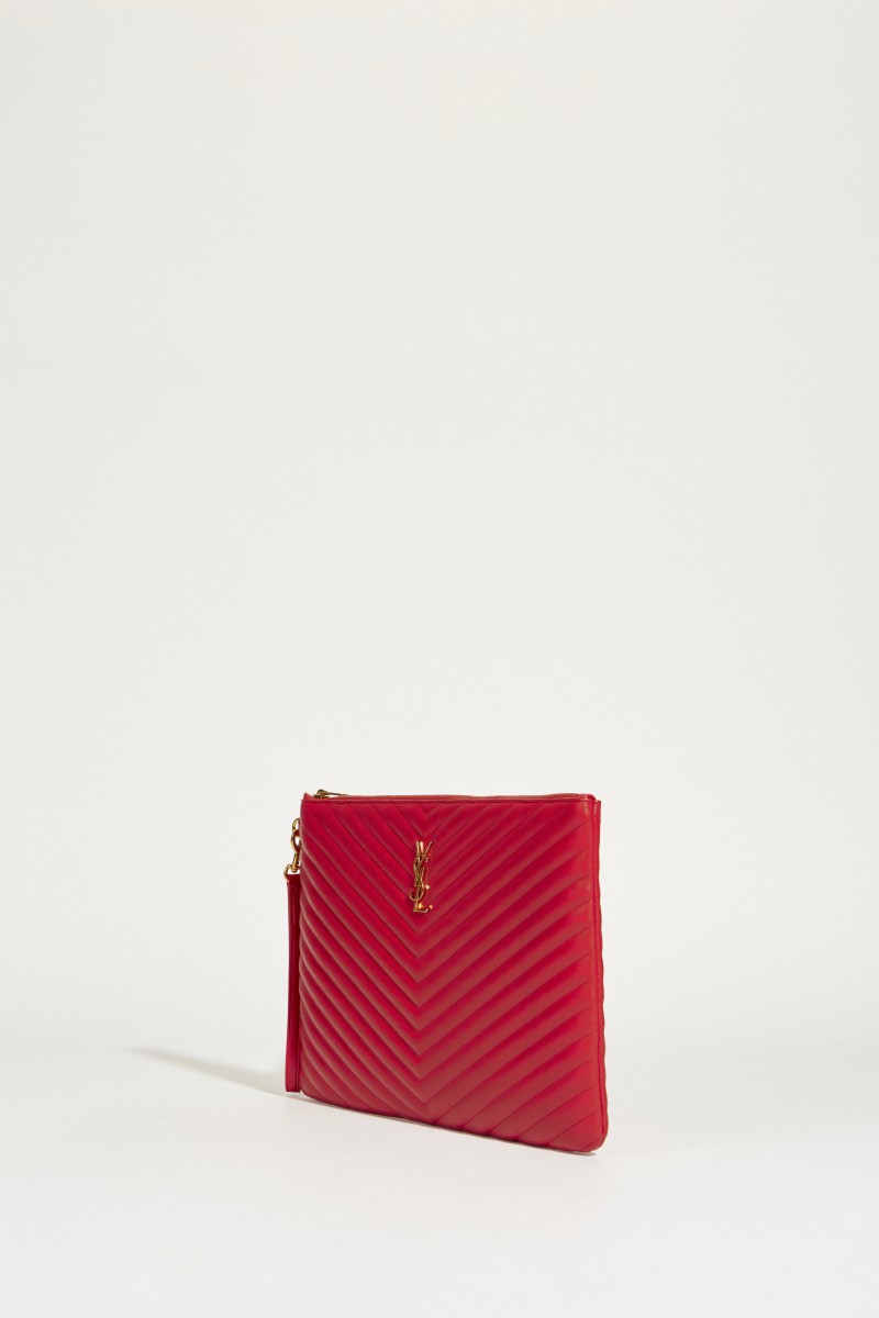 Gesteppte Leder-Clutch L mit Logo Rot