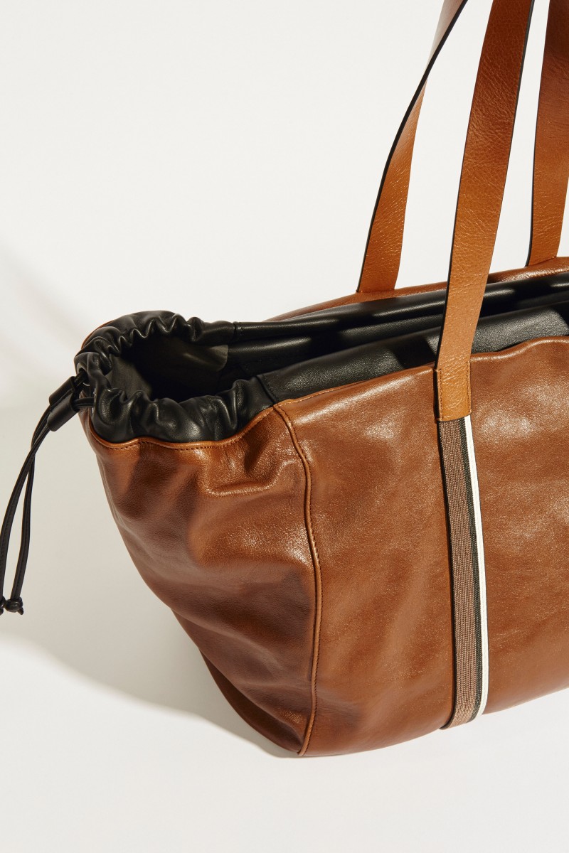 Leder-Shopper mit Perlendetails Braun/Multi