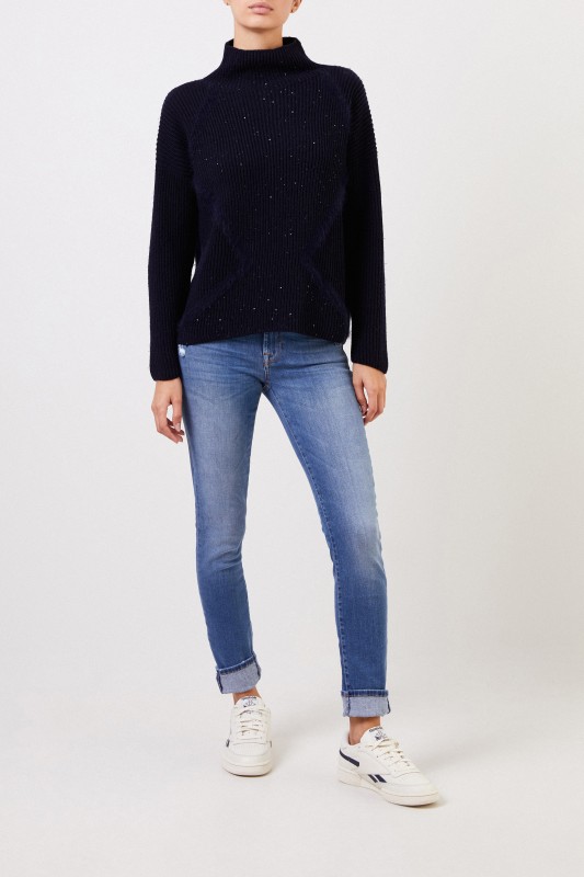 Woll-Pullover mit Pailletten Marineblau
