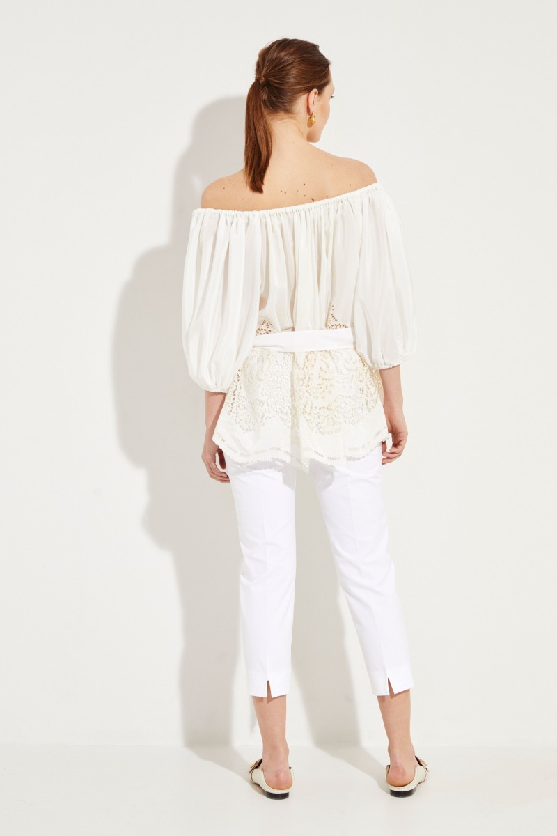 Seiden-Bluse mit Lochspitze Crème
