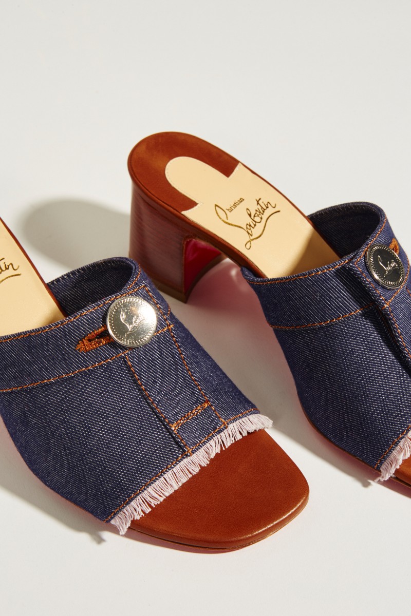 Leder-Mule mit Fransendetails Denimblau