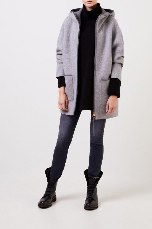 Cashmere-Mantel mit Kapuze Grau