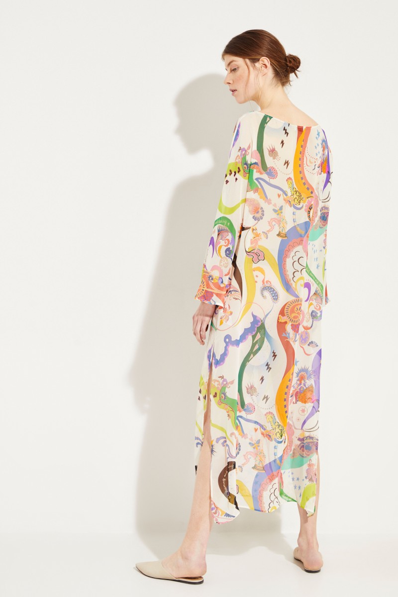 Seiden-Kleid mit Print Weiß/Multi