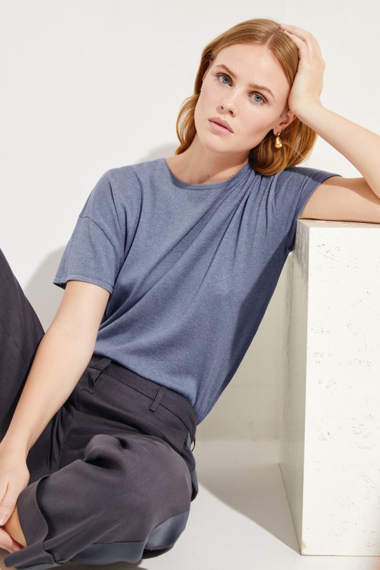 Kurzarm Seiden-Cashmere-Pullover Blau
