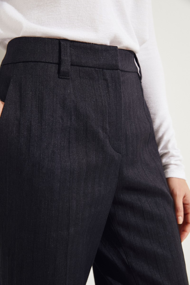 Baumwoll-Leinen-Hose mit Saumumschlag Schwarz