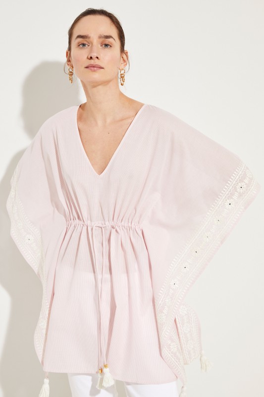 Gestreifter Kaftan 'Ravena' mit Stickerei Rosé/Weiß