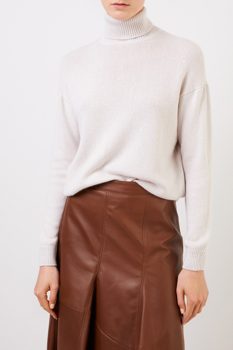 Brunello Cucinelli Cashmere-Rollkragenpullover mit Pailletten Beige