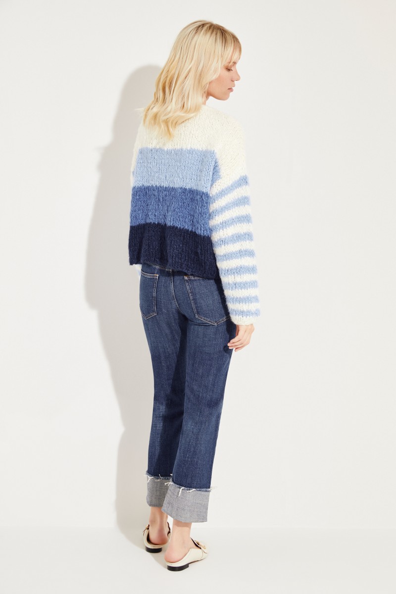 Seiden-Leinen-Cardigan 'Steff' Weiß/Blau