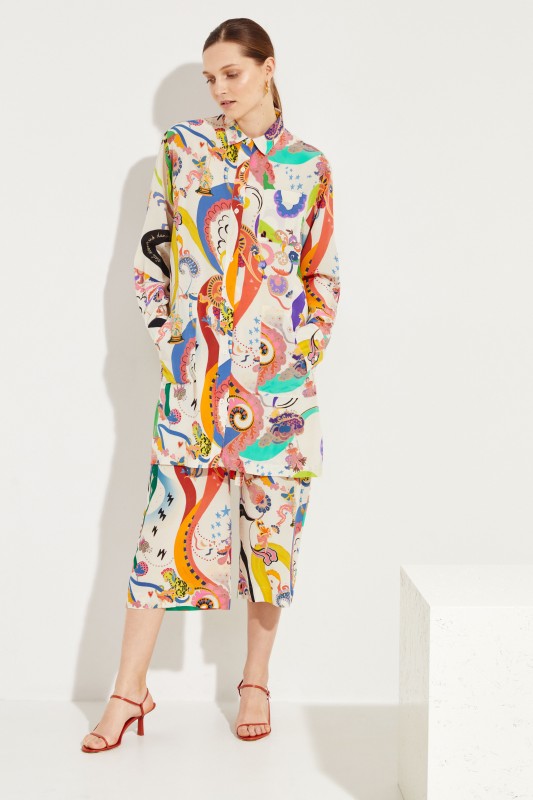 Seiden-Hemdblusenkleid Weiß/Multi