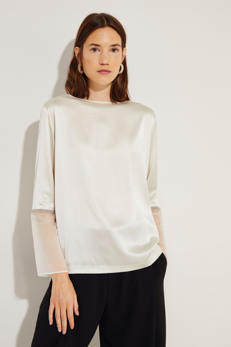 Seiden-Bluse mir transparenten Details Créme