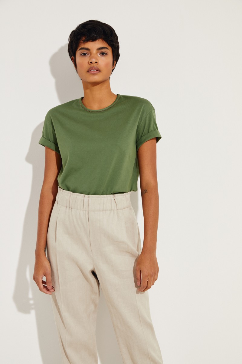 Baumwoll T-Shirt mit Perlen-Details Grün